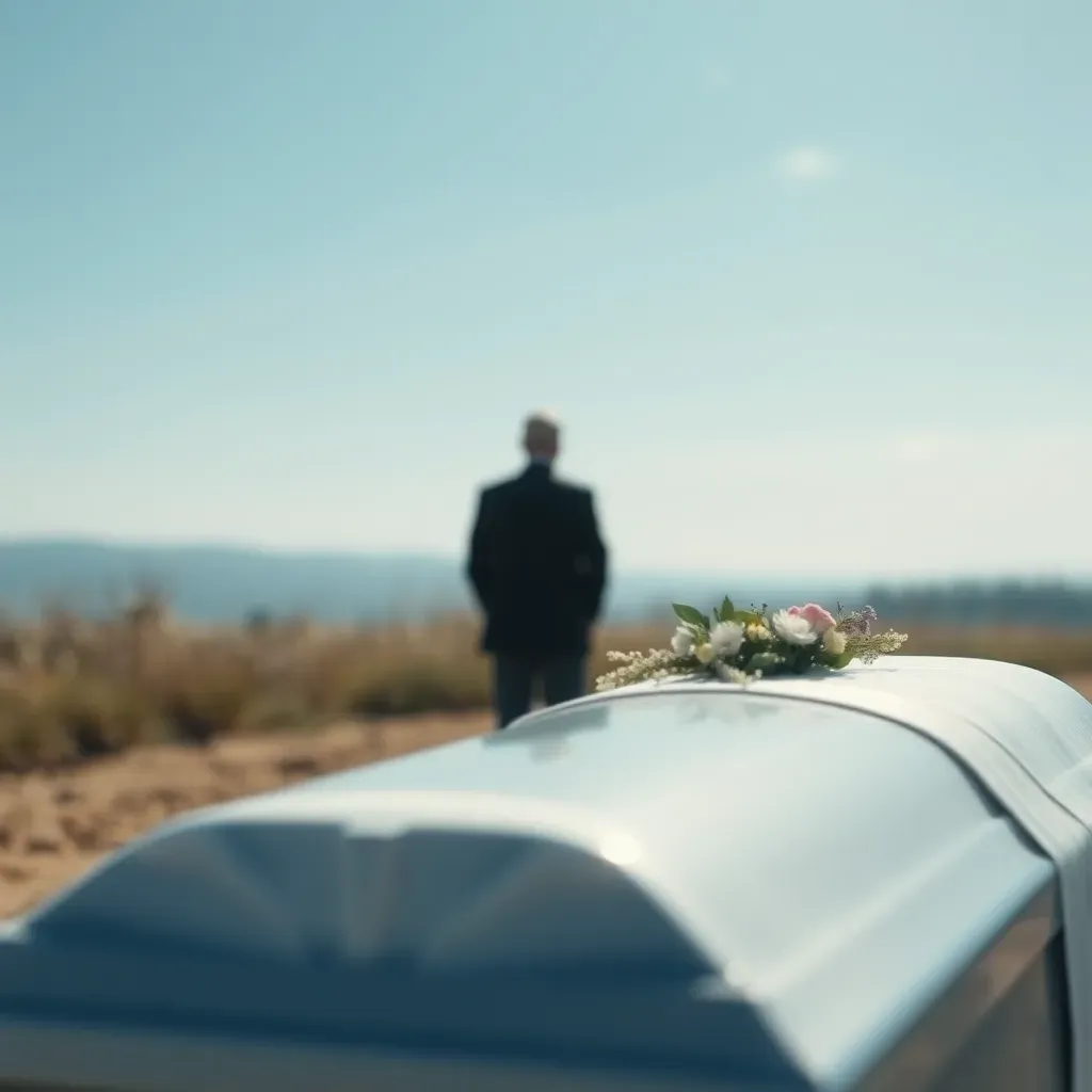 Cercueil blanc orné d'un bouquet de fleurs devant un homme endeuillé au loin.